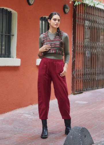 Elastic Waist Loose Fit Women's Maroon Boho Pants