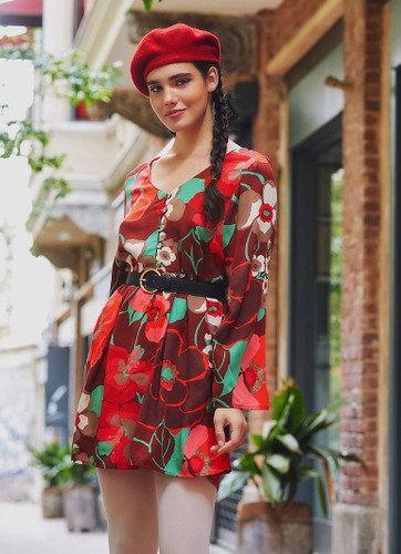 Long Sleeve Floral Short Dress Red