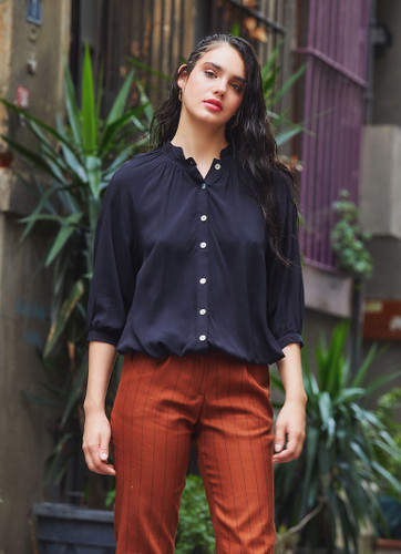 Band Collar Loose Fit Women's Black Shirt