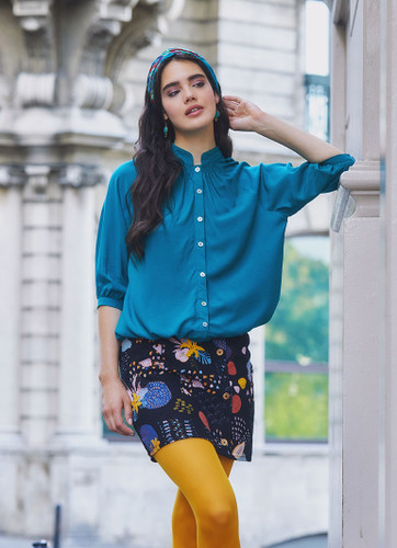 Band Collar Loose Fit Women's Petrol Shirt