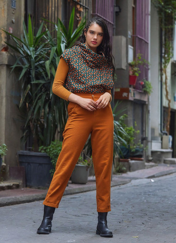 Boho Style High Waist Orange Cotton Pants for Women