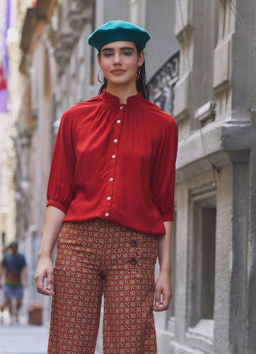 Band Collar Loose Fit Women's Orange Shirt