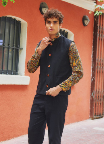 Band Collar Black Men's Vest with Cotton Lining