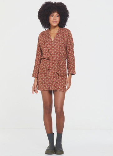 Front Slit Printed Mini Boho Dress Brown