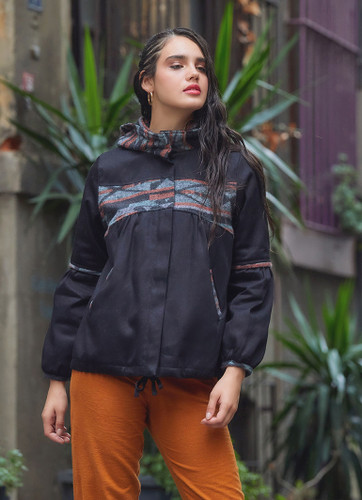 Women's Black Boho Hippie Coat with Hood and Ethnic Pattern