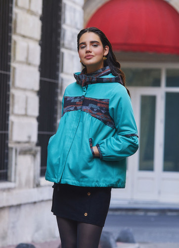 Women's Turquoise Boho Hippie Coat with Hood and Ethnic Pattern