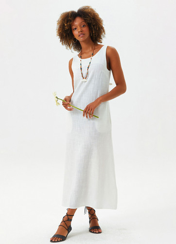 Deep Slit Bohemian Sleeveless White Dress