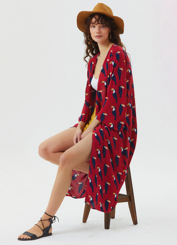 Red Printed Long Kimono