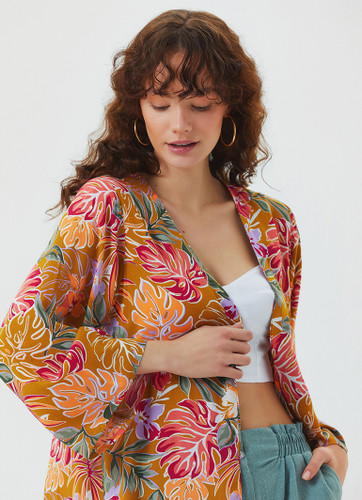 Mustard Printed Long Kimono