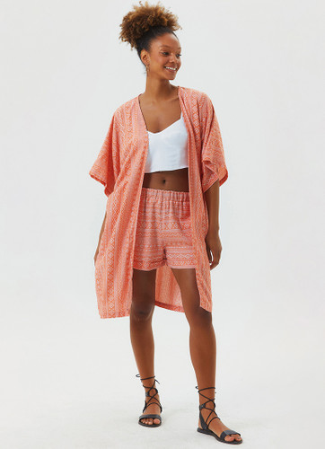 Printed Short Sleeve Orange Kimono