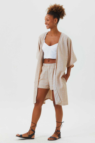 Printed Short Sleeve Beige Kimono