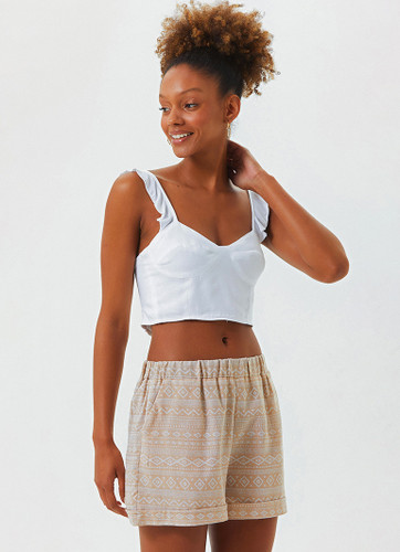 Beige Printed Bohemian Style Shorts