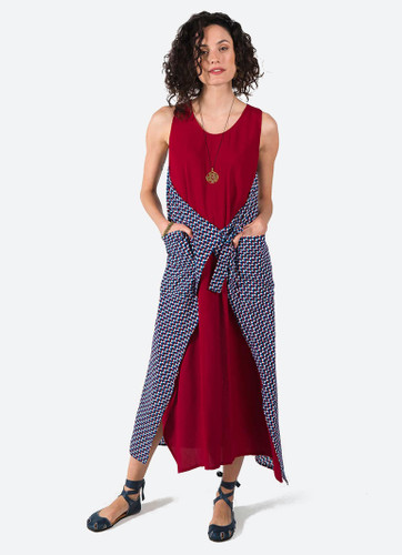 Long Red Bohemian Dress with Two-Tone Design and Front Tie