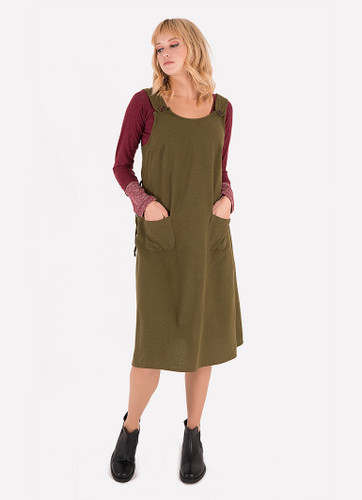 Khaki Winter Cotton Jumper Dress with Wrap Back and Patch Pockets