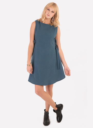 Blue Cotton Jumper Dress with Large Hood and Side Lacing