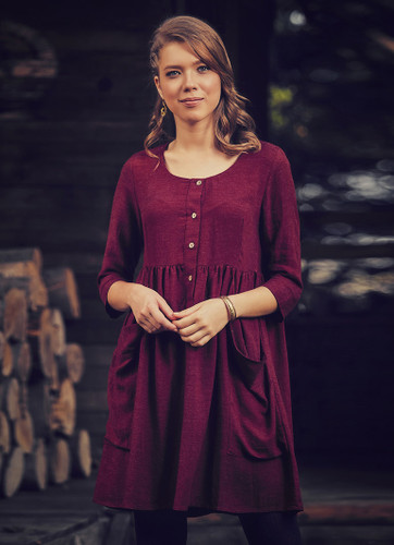 Maroon Bohemian Mini Dress with Mother-of-Pearl Buttons and Large Pockets
