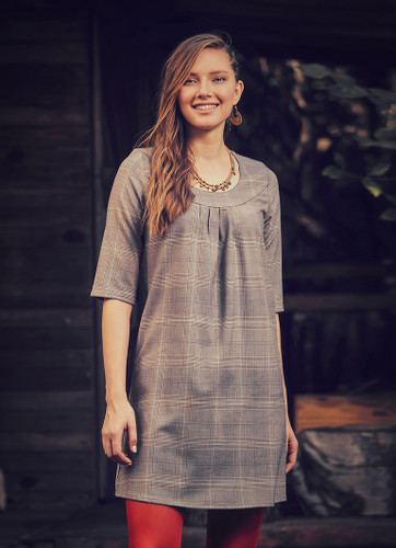 Brown Checkered Mini Bohemian Dress with Drawstring Front