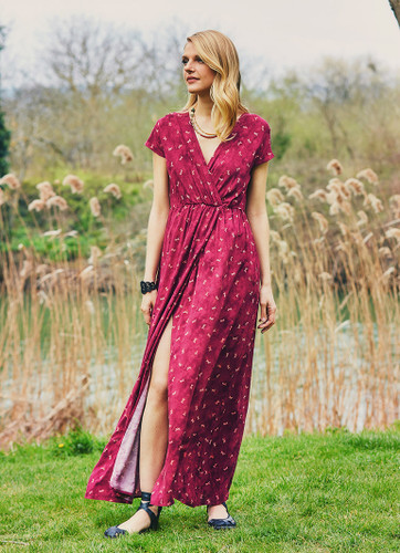 Maroon Maxi Bohemian Dress with Dragonfly Pattern and Wrap Closure
