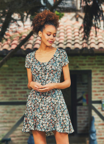 Green Mini Bohemian Dress with Floral Pattern and Mother-of-Pearl Buttons
