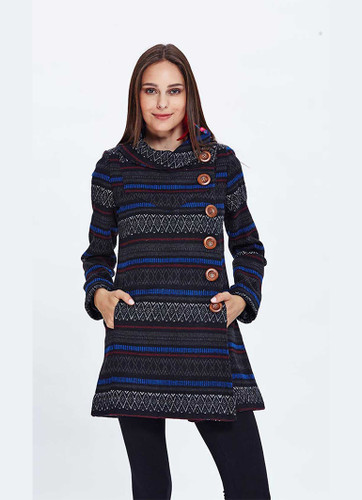 Collar Detail Patterned Long Coat