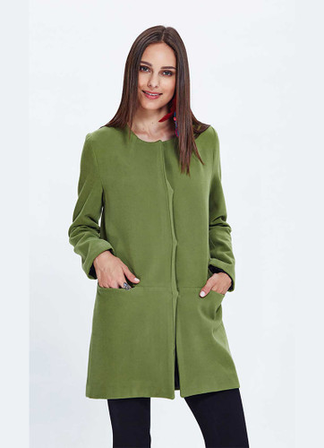Green Round Neck Hidden Button Long Cashmere Coat