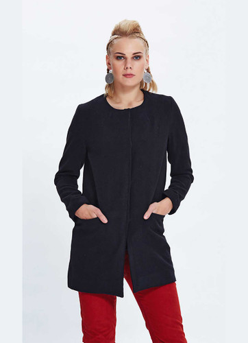 Black Round Neck Hidden Button Long Cashmere Coat