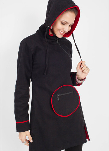 Black Long Hooded Jacket with Cotton Gabardine and Fleece Lining