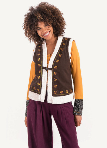 Brown Embroidered Bohemian Vest with Plush Interior