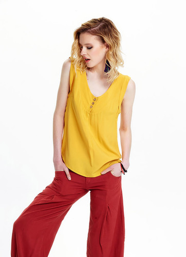 Yellow Sleeveless Bohemian Blouse with Coconut Button Details