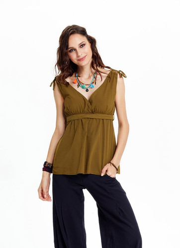 Khaki Bohemian Blouse with Shoulder Ties and Waist Tie