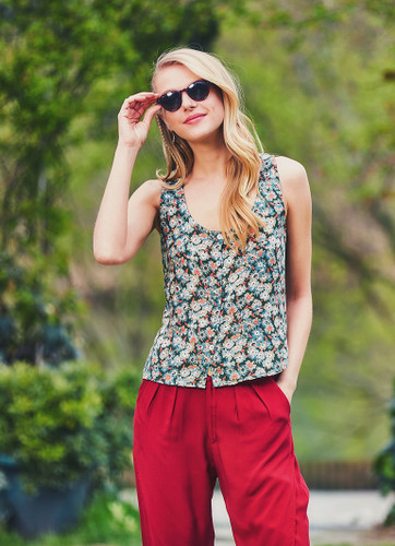 Green Patterned Viscose Bohemian Blouse with Back Cut-Out