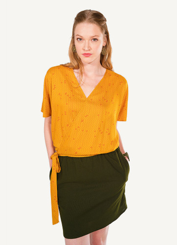 Yellow Patterned Wrap Summer Bohemian Blouse with Short Sleeves