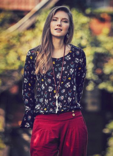 Black Floral Bohemian Blouse with Drawstring Hem and Bell Sleeves