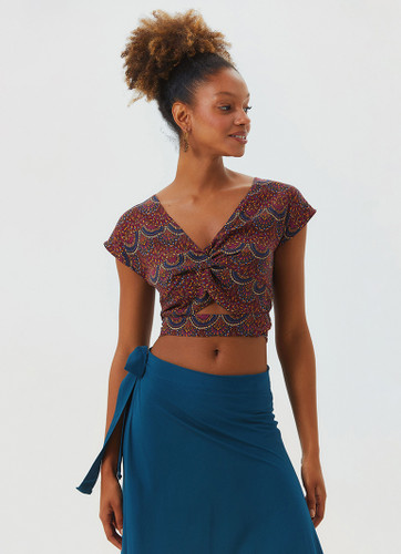 Purple Bohemian Short Blouse with V-Neck and Tie Waist