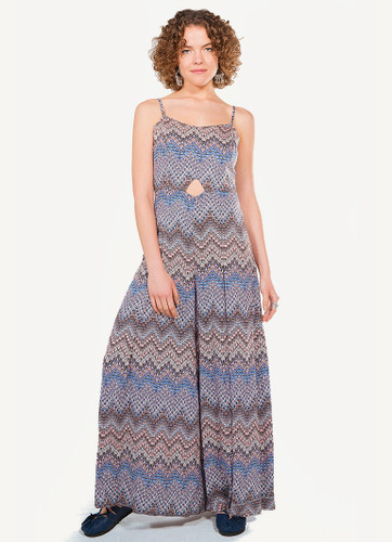 Brown Bohemian Jumpsuit with Adjustable Straps and Cut-Out Waist Detail