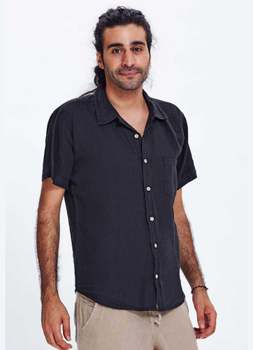 Black Short-Sleeve Linen Men's Shirt with Classic Collar and Pockets