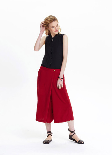 Dark Red Viscose Palazzo Pants with Button Closure