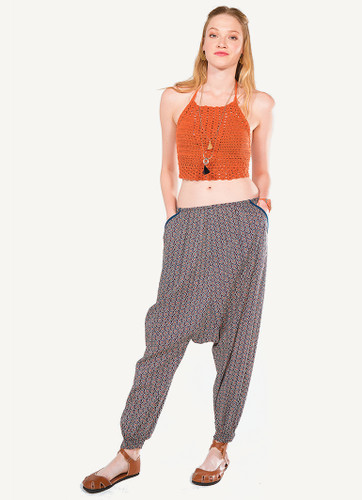 Brown Patterned Cotton Harem Pants with Elastic Waist and Cuffs