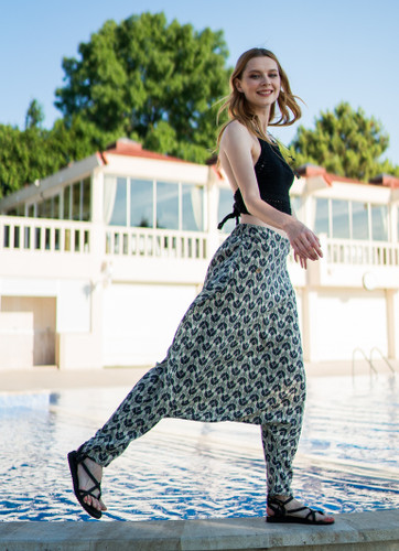 Cream Patterned Viscose Bohemian Harem Pants with Coconut Buttons