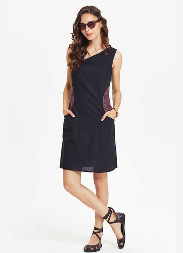 Black Casual Cotton Dress with Patterned Pockets