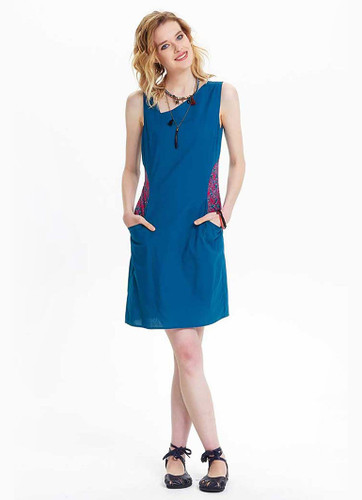 Petrol Blue Cotton Dress with Patterned Pockets