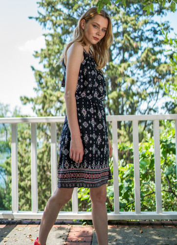 Black Mini Dress with Ethnic Border and Halter Neckline