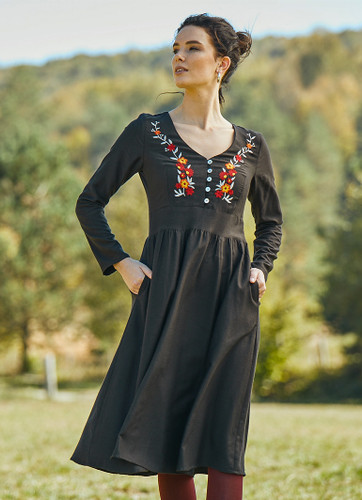 Embroidered Fit and Flare Black Dress