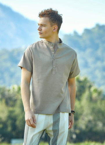 Men's Band Collar Short Sleeve Beige Shirt