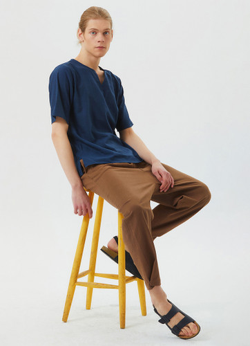 Short Sleeve No Collar Men's Blue Hippie Shirt