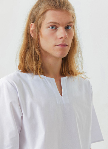 Short Sleeve No Collar Men's White Hippie Shirt