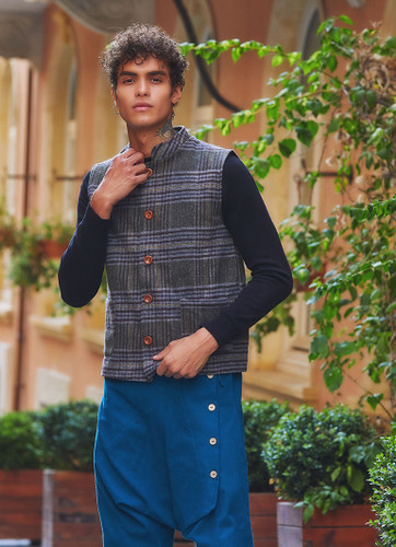 Band Collar Plaid Men's Vest with Cotton Lining Khaki