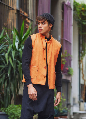 Band Collar Orange Men's Vest with Cotton Lining
