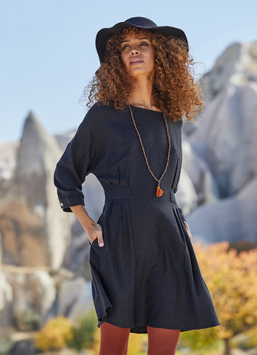 Bat Sleeve Black Boho Winter Dress with Belt