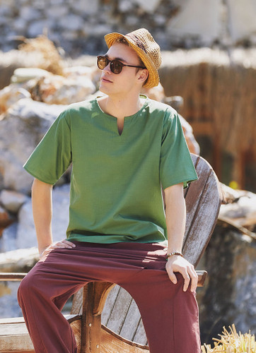 Short Sleeve No Collar Men's Green Hippie Shirt